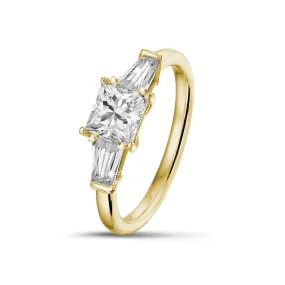 1.00 quilates anillo trilogía en oro amarillo con diamante princesa y baguettes cónicos 