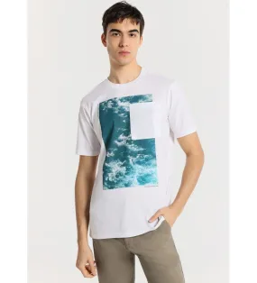 Camiseta de manga corta con grafica ocean y bolsillo blanco