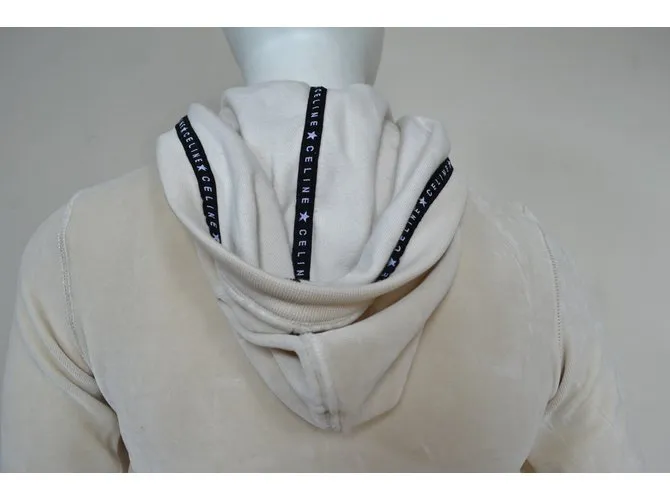 Céline Off-White Ivory Sudadera con capucha con capucha de terciopelo con cremallera Talla S SMALL Beige 