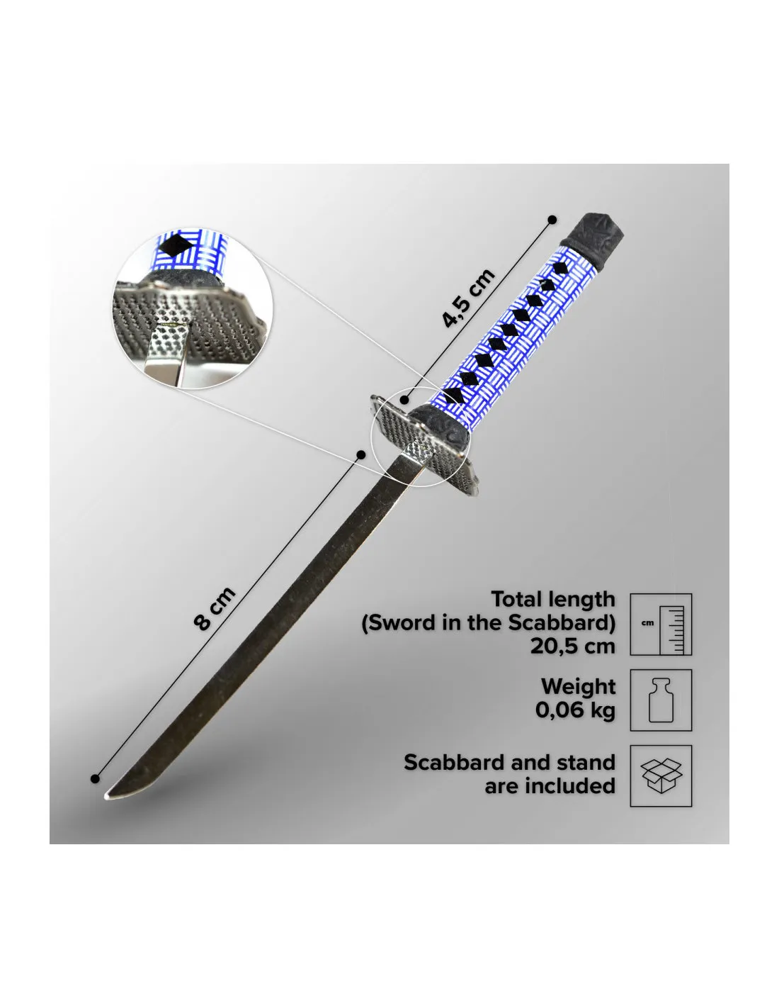 Mini Katana Azul Abre-Cartas con funda y stand, 20,5 cm.