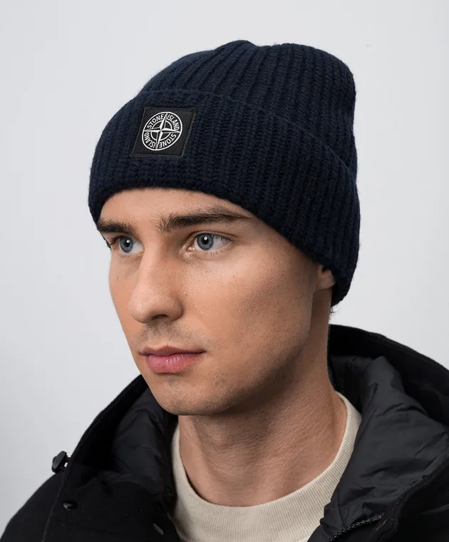 Stone Island Blue wool cap with logo patch