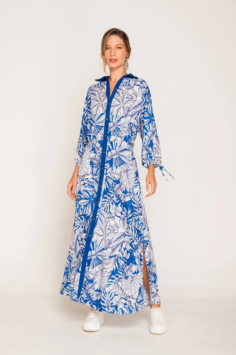 Vestido largo manga larga con estampado cuello v